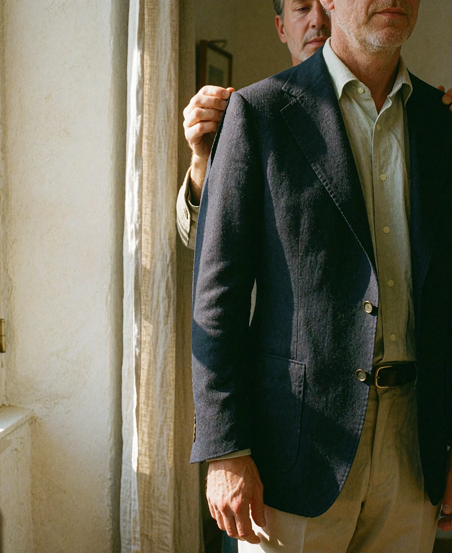 Tailor adjusting the shoulder seam of a navy blazer worn by a man standing beside a sunlit window