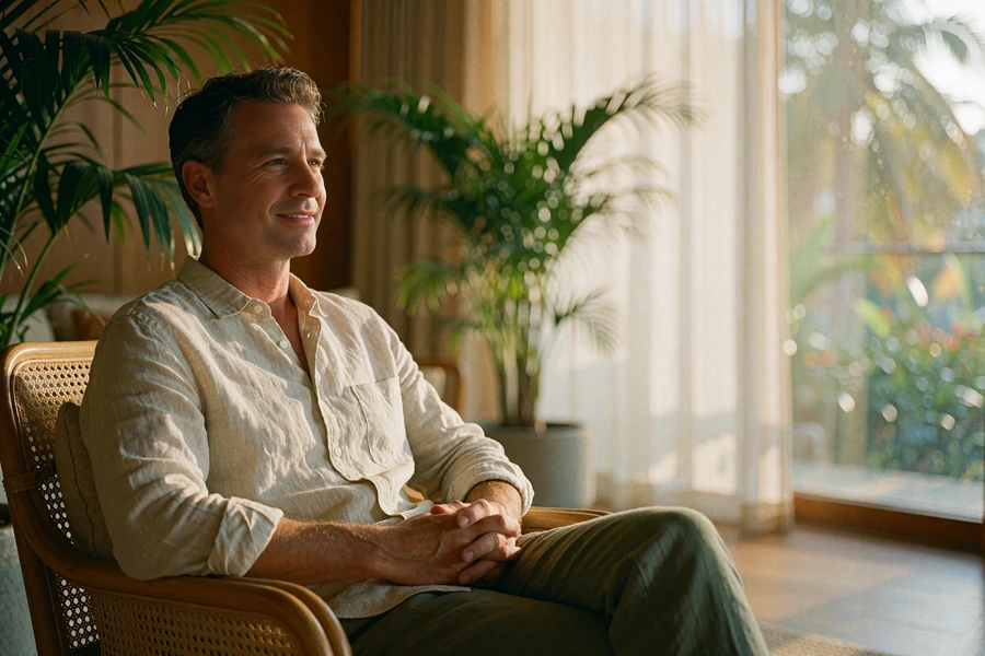 A composed man sits relaxed in a sunlit lounge chair, listening attentively