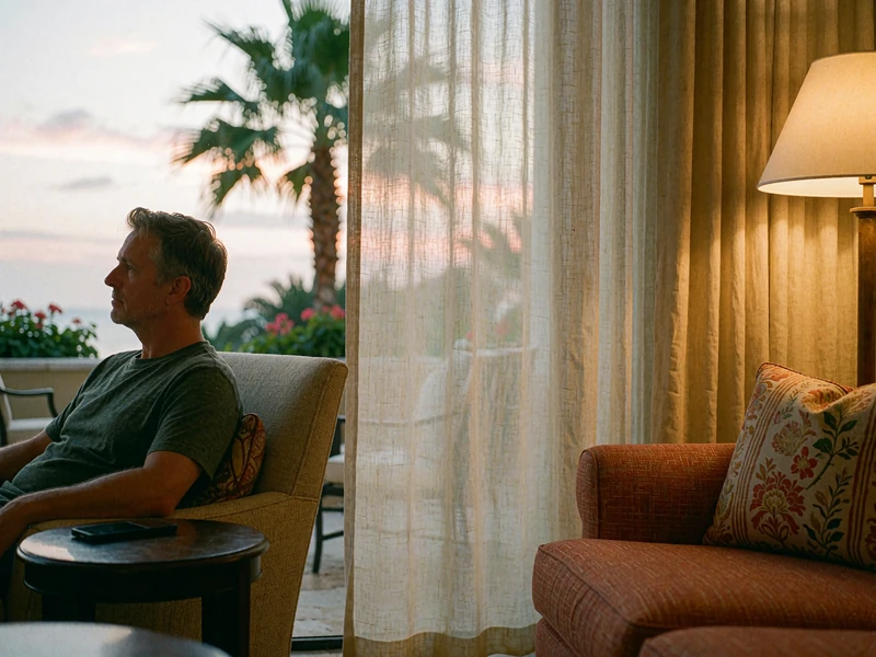 Man sitting alone in a quiet hotel lounge armchair with his phone face down, looking toward warm evening light