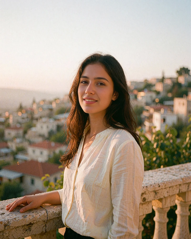 Jordanian member in a cream blouse smiling on a stone balcony overlooking hillside rooftops