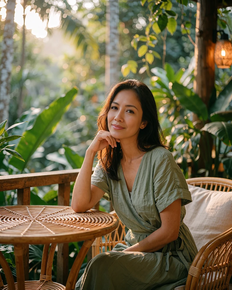 Malaysian woman in a sage wrap dress seated at a rattan table in a leafy open-air cafe