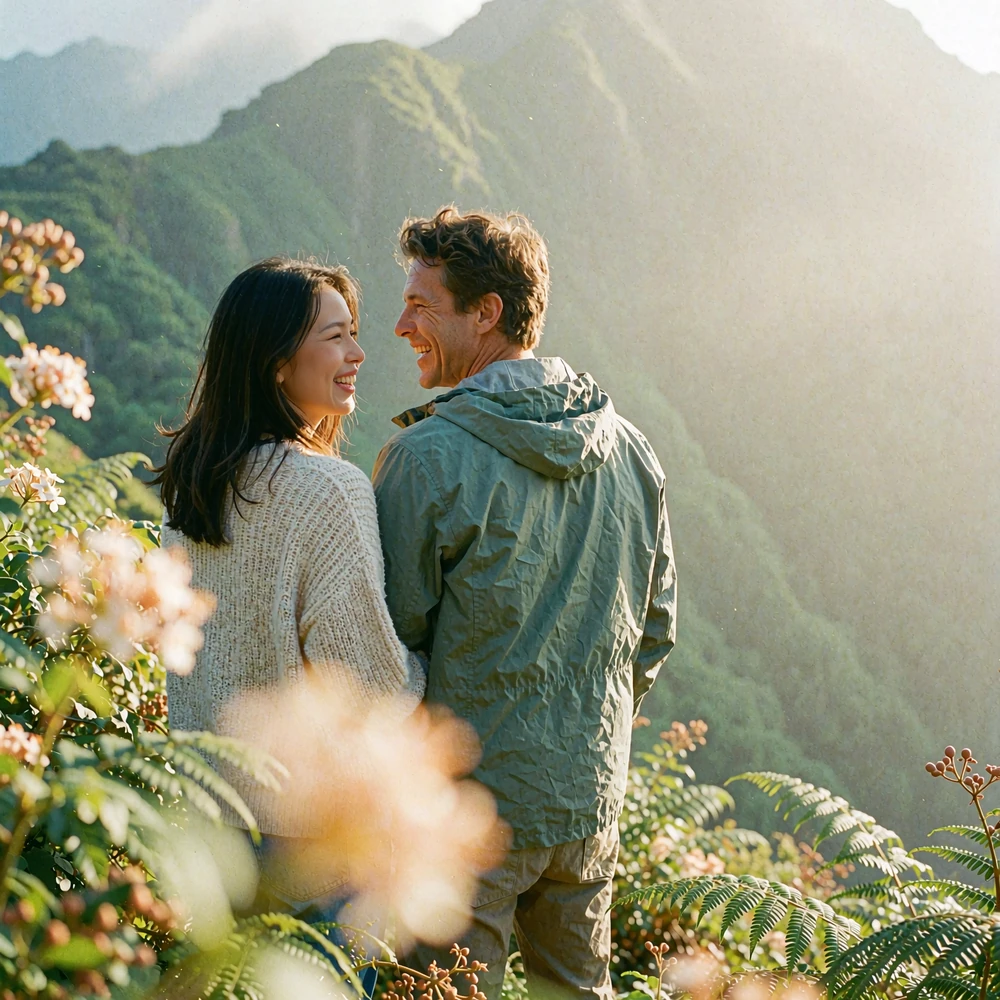Couple laughing together at a misty mountain viewpoint, seen three-quarters from behind