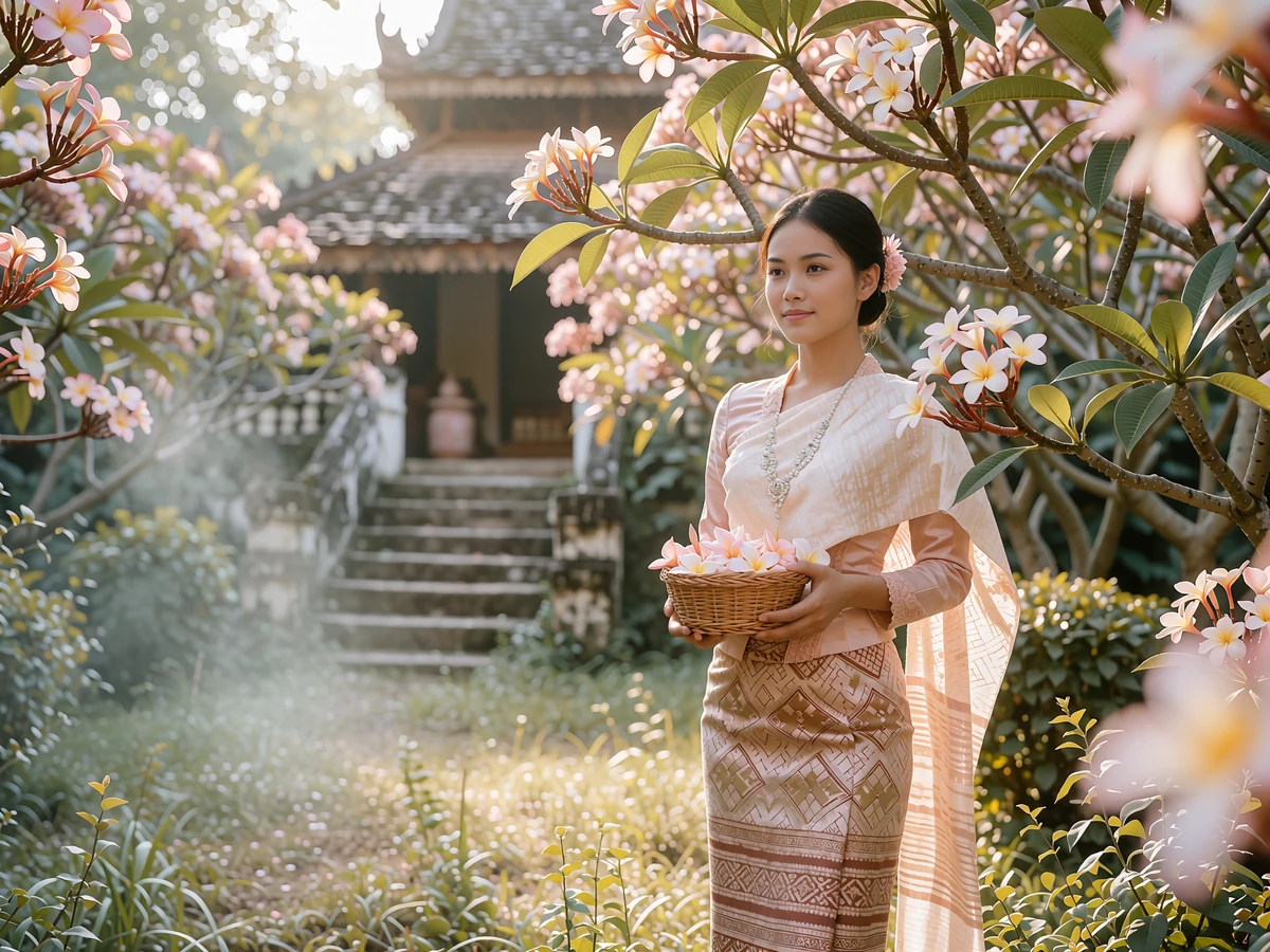Burmese woman in traditional silk longyi holding a basket of blossoms in a temple garden