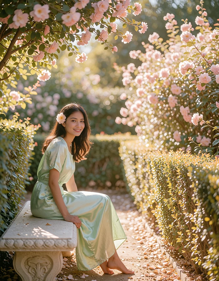 Burmese member in a pastel green silk dress sitting on a stone garden bench