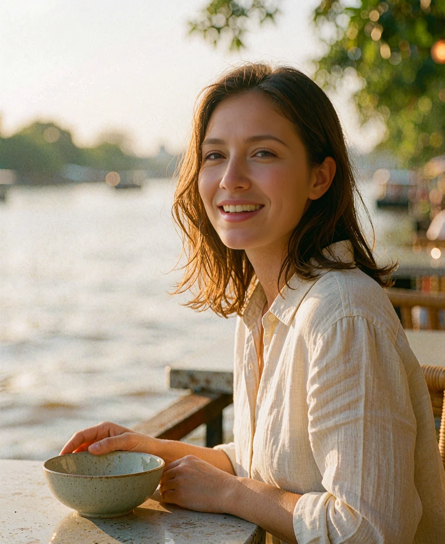 Thai woman laughing at a riverside terrace table in warm afternoon light