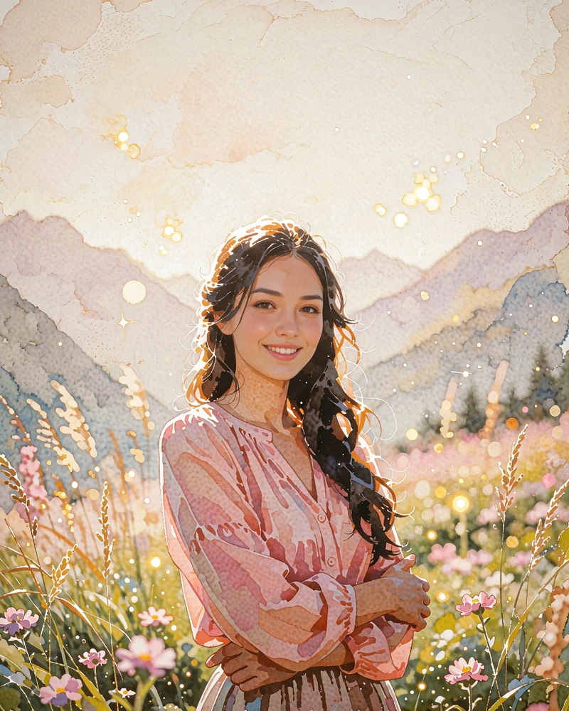 Kyrgyz woman in a soft rose blouse standing in a flowering alpine meadow with mountains in the background