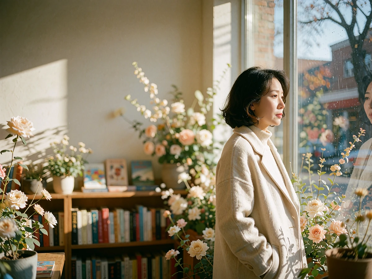 Korean woman in a soft ivory coat standing beside a tall bookshop window, looking thoughtfully toward the street
