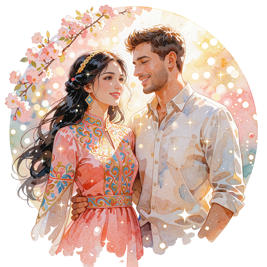 Illustrated Tajik woman and Western man standing together in a blossom-framed garden vignette