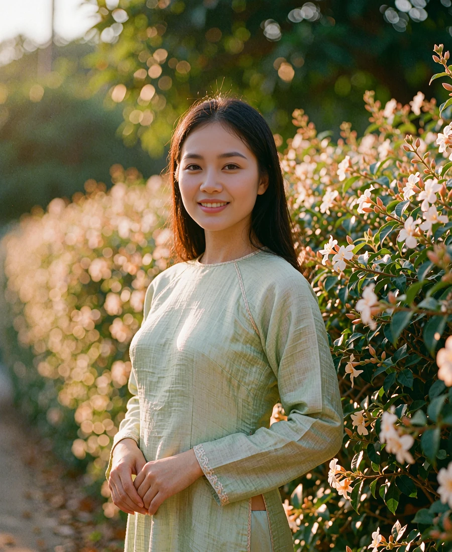 Vietnamese member in a pale sage ao dai standing in a sunlit garden