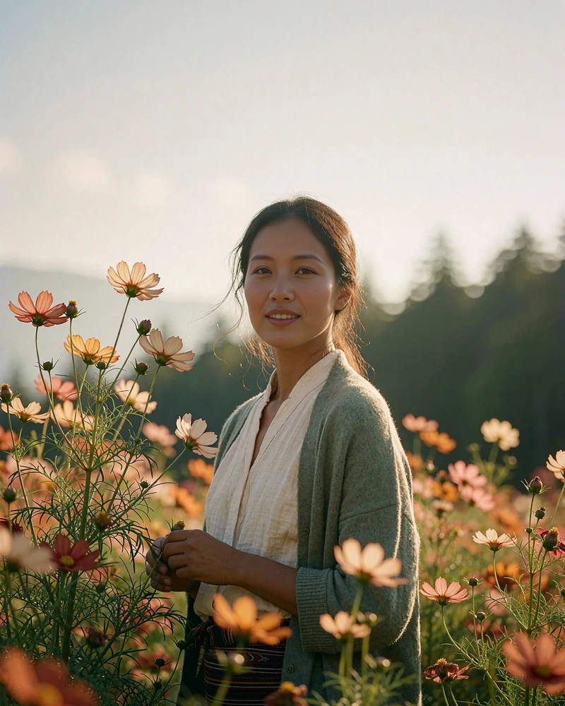Bhutanese woman in a sage cardigan standing among garden flowers with a soft candid smile
