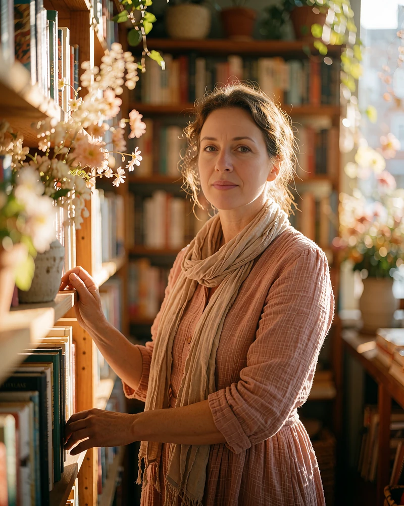 Afghan woman in a dusty rose dress standing thoughtfully in a softly lit bookshop