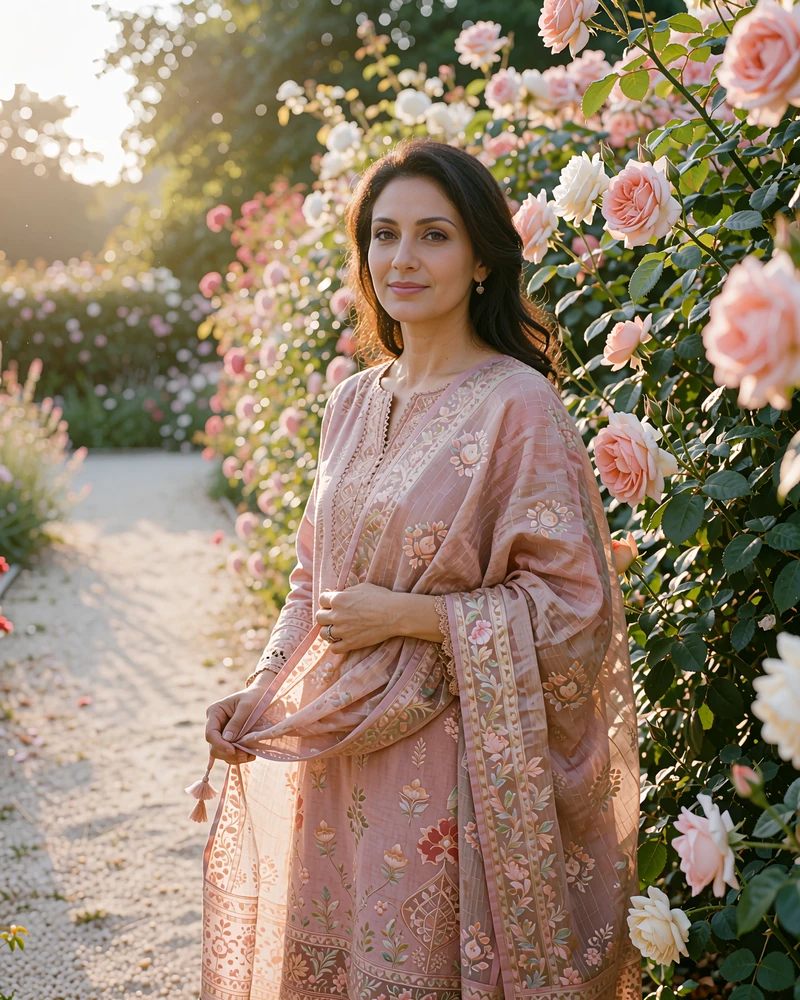 Pakistani woman in a muted rose-toned outfit standing beside a rose hedge with a serene half-smile