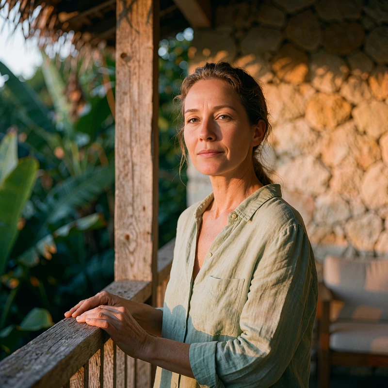 Confident Asian woman in a sage linen shirt standing on a shaded veranda