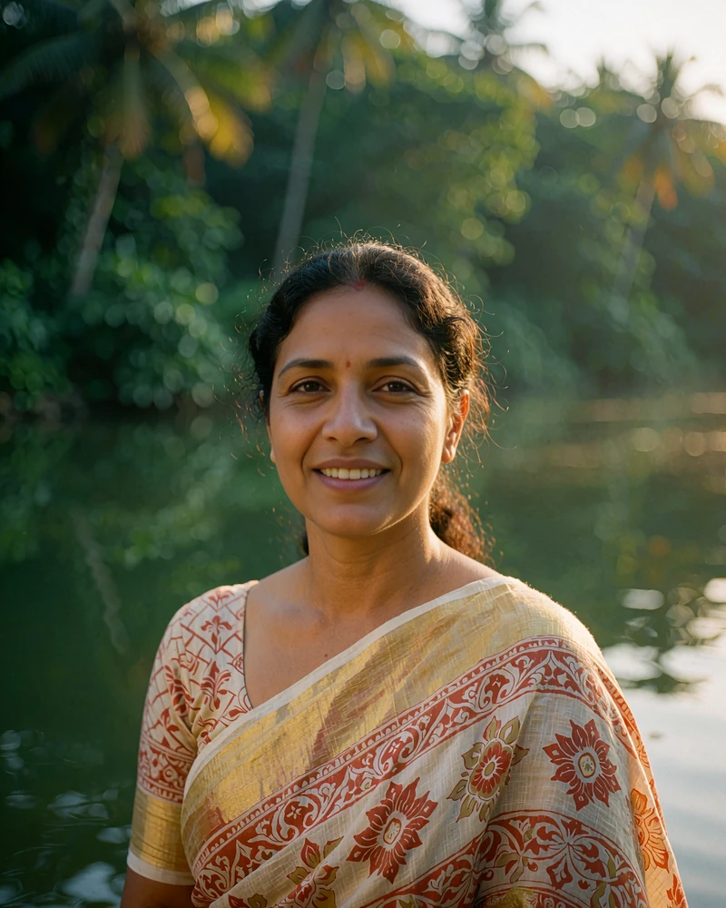 Bangladeshi woman in a cream and rust saree smiling warmly in a sunlit garden setting