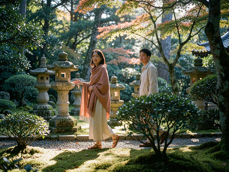 A woman guiding a visitor through a quiet temple garden past stone lanterns