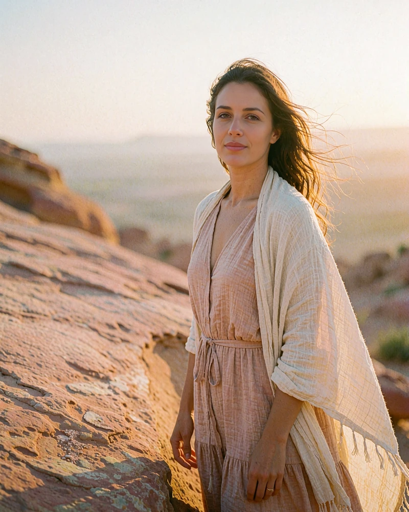 Jordanian member in a sand-toned dress standing in golden desert light near sandstone rock