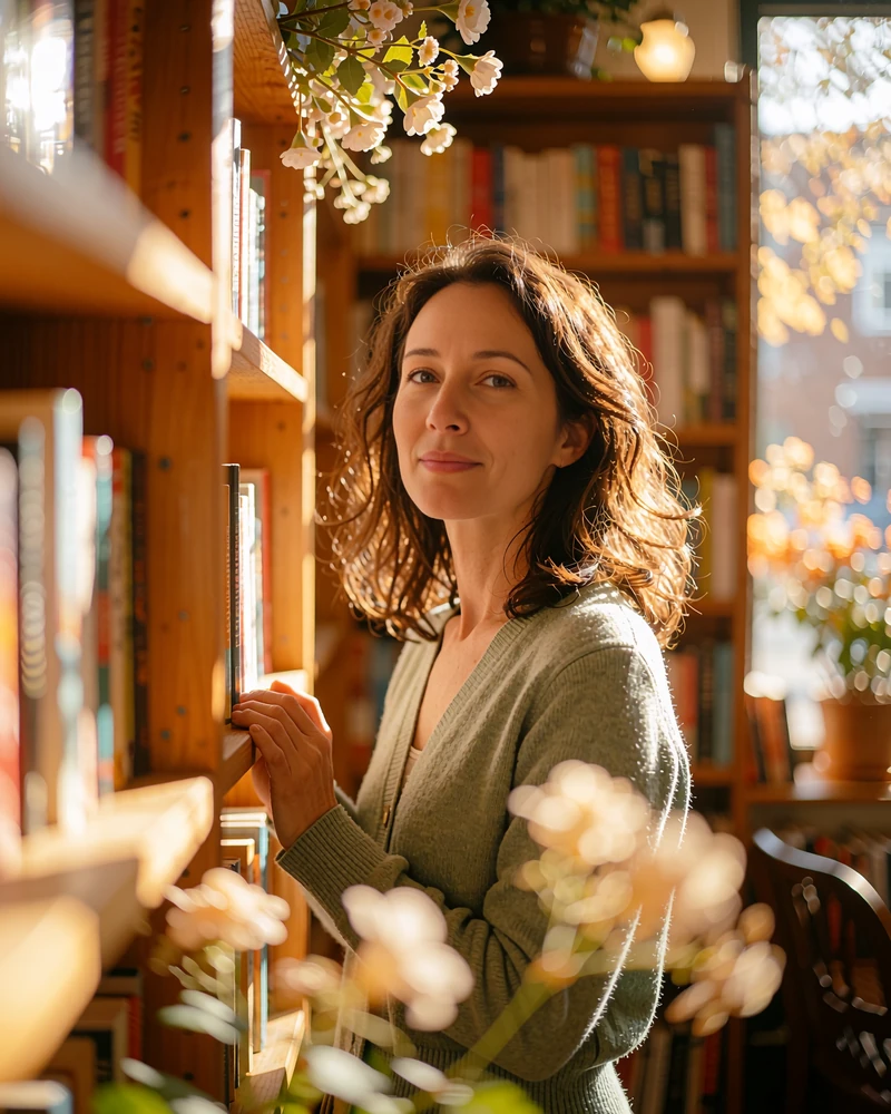 Mongolian woman in a sage cardigan standing thoughtfully in a quiet bookstore corner