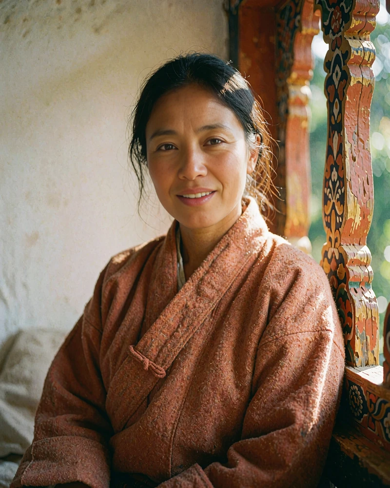 Bhutanese woman in a terracotta wool jacket seated beside a carved wooden window in warm daylight