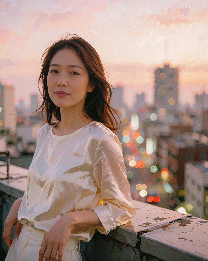 Japanese member in an ivory silk blouse on a rooftop terrace at dusk with the city skyline behind her
