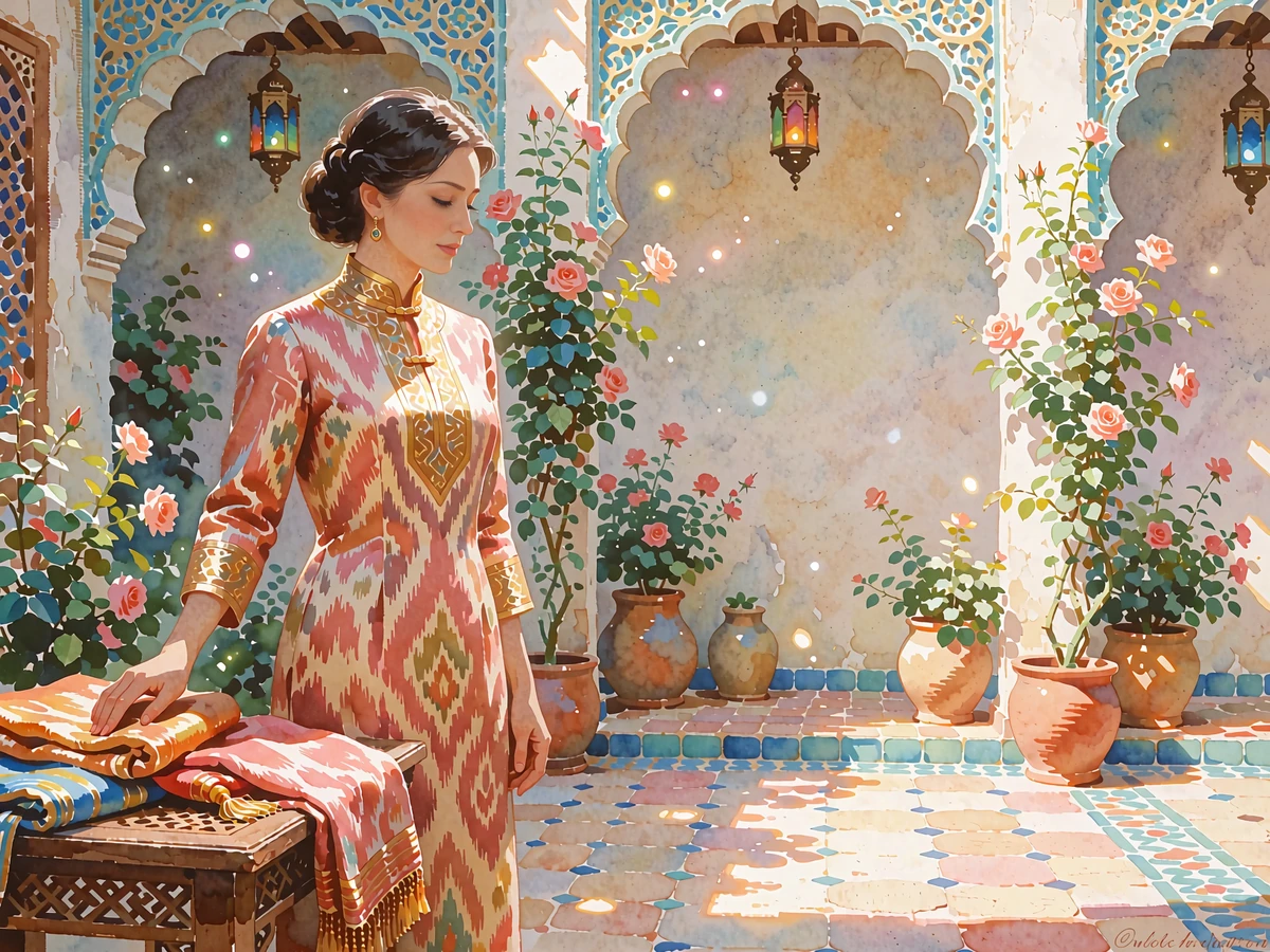 Uzbek woman in a rose and gold ikat silk dress folding textiles in a sunlit tiled courtyard with carved arches