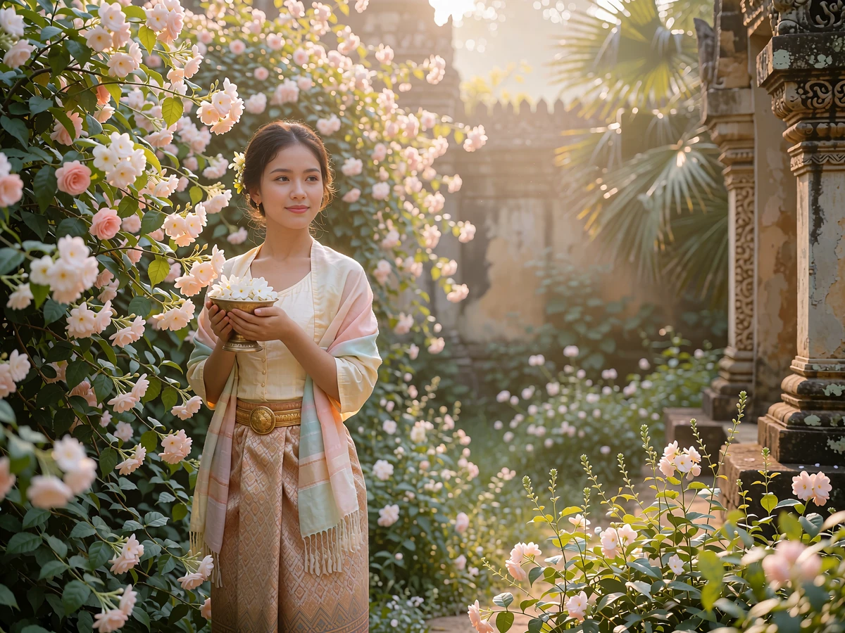 Woman of Cambodian Khmer heritage holding an offering bowl of white blossoms beside a jasmine bush in a temple garden