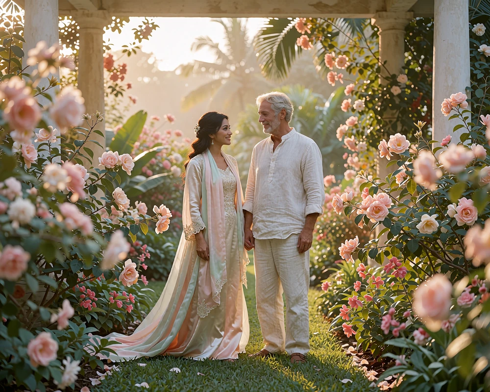 Bruneian woman and an older Western man standing a respectful step apart beneath an open garden pavilion, smiling warmly at each other