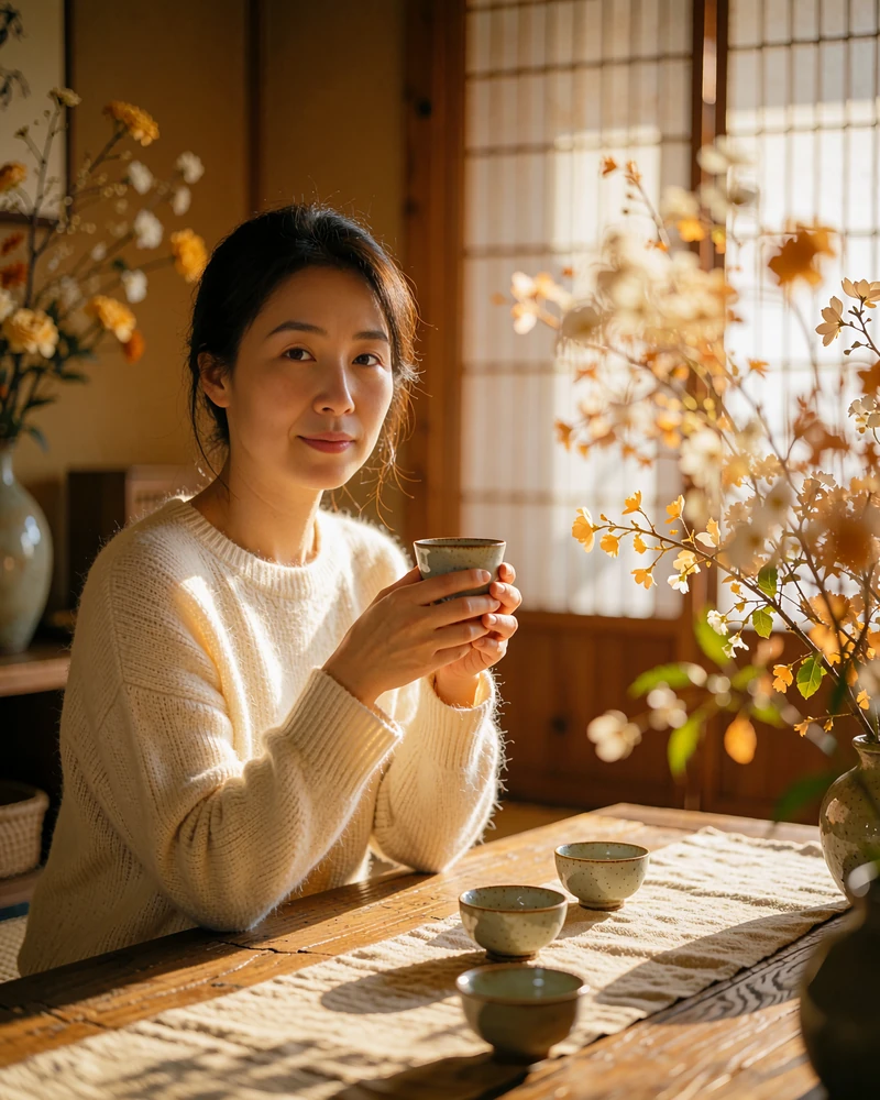 Korean member in a soft ivory knit seated at a low wooden table in a quiet tea room, holding a ceramic cup