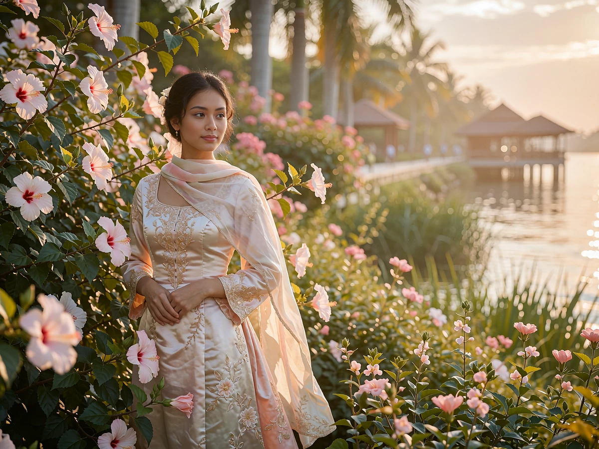 Young woman of Bruneian Malay heritage standing beside a flowering hibiscus shrub on a waterfront garden promenade