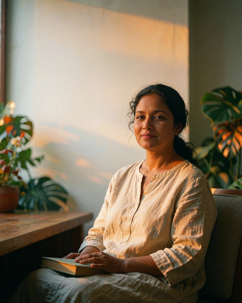 Bangladeshi woman in a linen tunic seated near a window in a quiet reading room