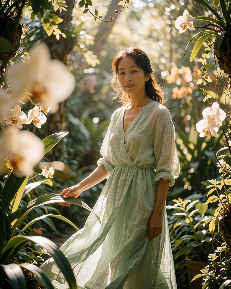 Taiwanese member in a pale-green dress walking among lush botanic-garden foliage