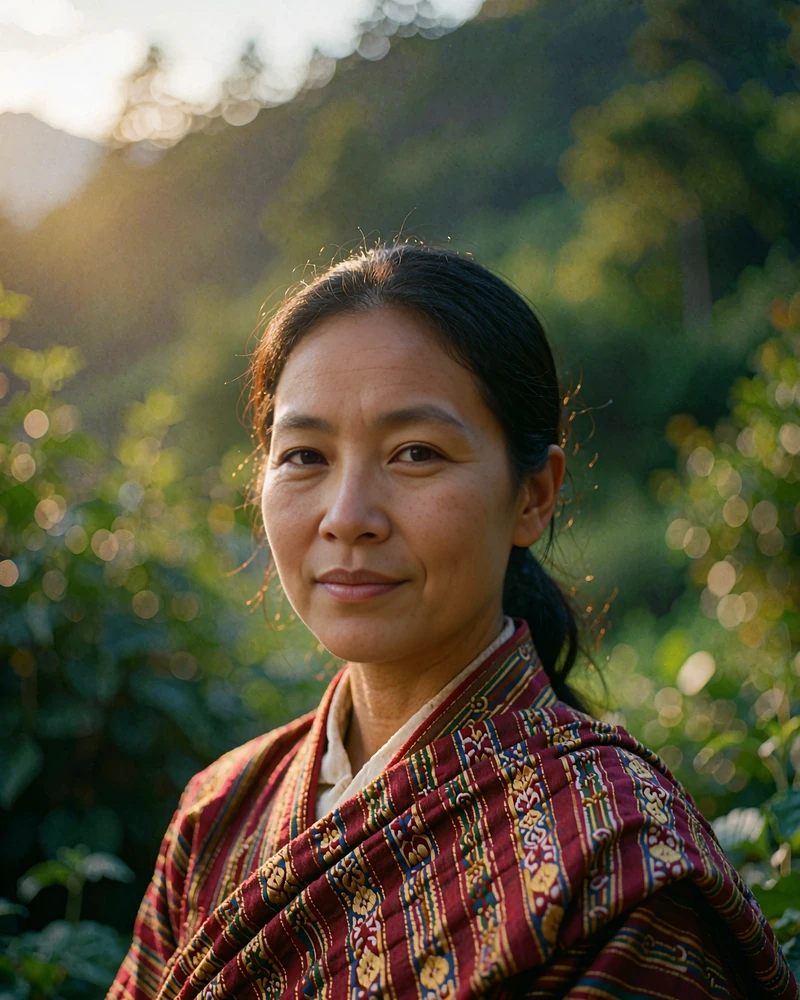 Bhutanese woman in a woven crimson and gold kira smiling warmly for her profile portrait