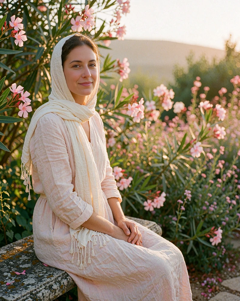 Jordanian member in an ivory headscarf seated on a stone garden bench with hands folded, smiling gently