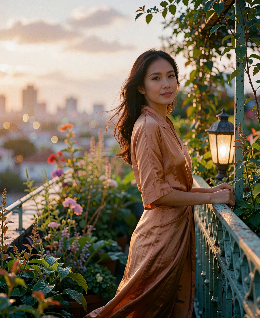 Filipina member in a terracotta silk dress standing at a rooftop garden railing at dusk