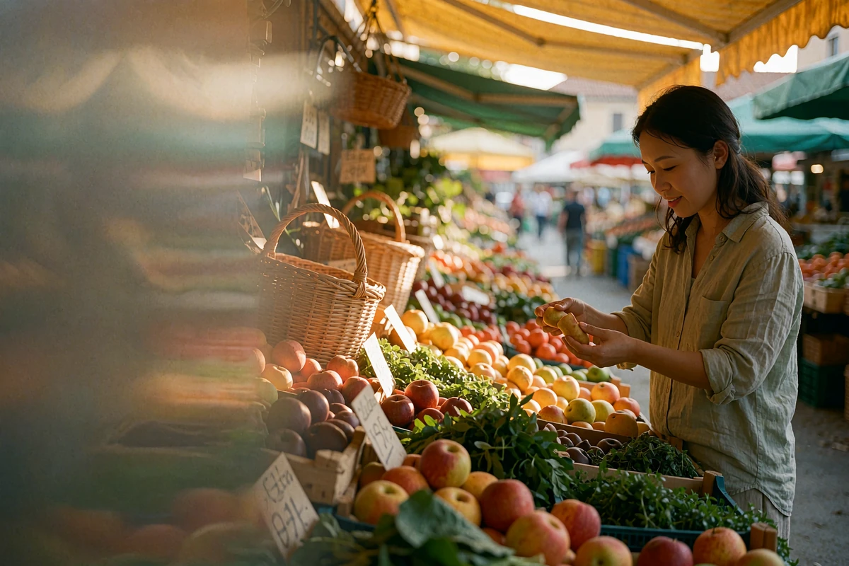 Asian woman browsing a covered market stall of fresh produce and herbs, lifting a piece of fruit while smiling