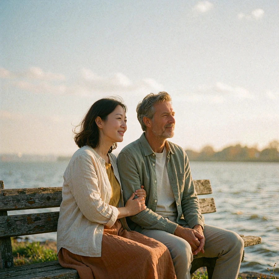 Couple sitting together on a riverside bench at golden hour, both looking out over calm water