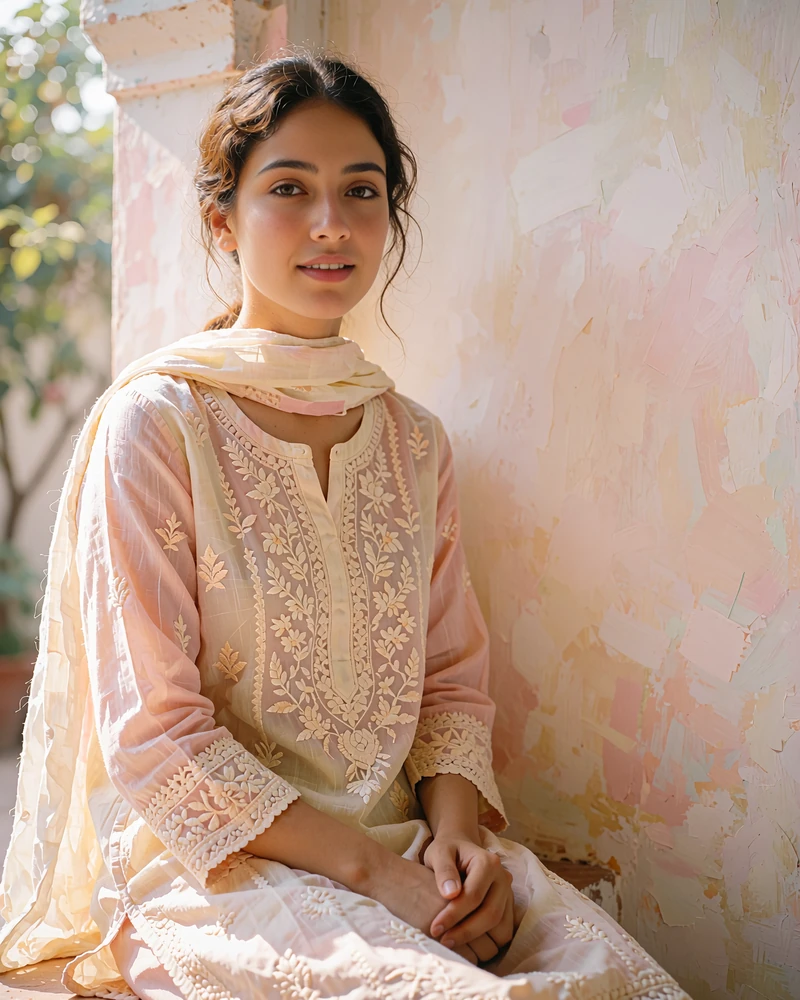 Young Pakistani woman in an ivory embroidered tunic seated near a shaded courtyard window, smiling gently