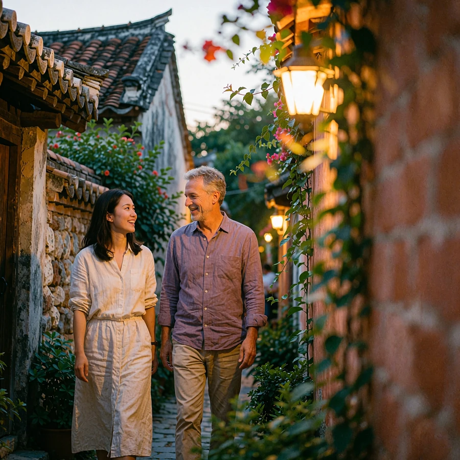 Couple walking together and laughing along a narrow tiled-roof alley lit by warm lamps at dusk