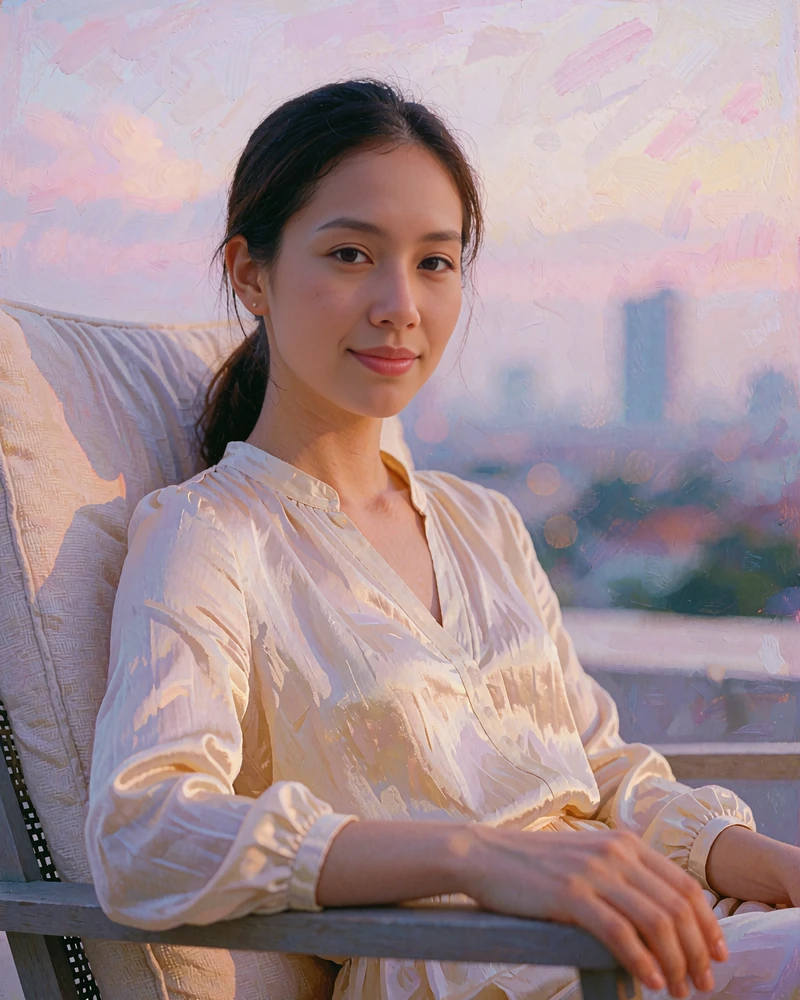 Singaporean member in an ivory blouse seated in a rooftop lounge with a softly blurred evening skyline behind her