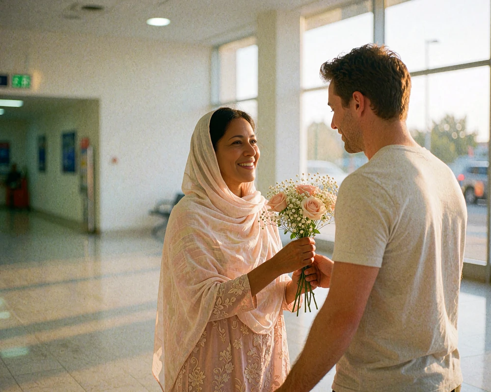 Yemeni woman greeting a Western man in an arrivals hall, both smiling as he offers a small bouquet of roses