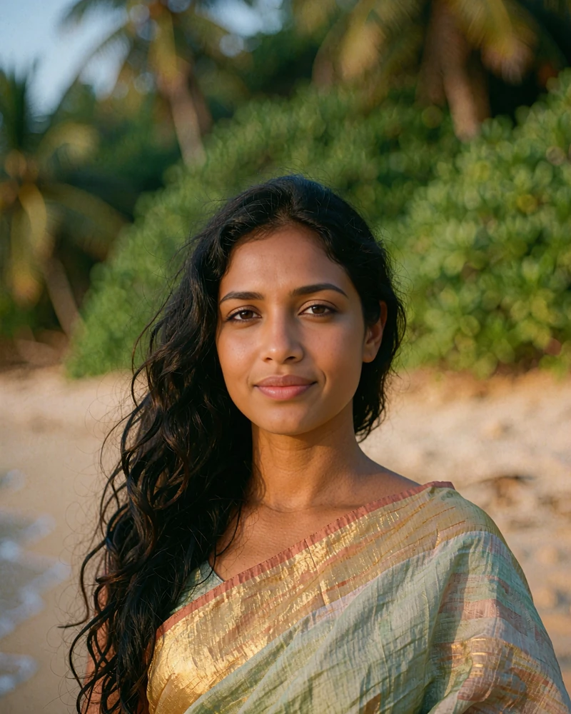 Sri Lankan member in a sage-and-gold sari smiling warmly in a garden setting