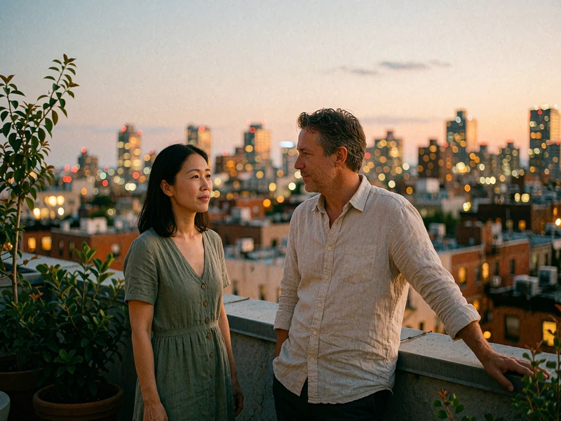 A man and woman talking at a rooftop terrace railing at dusk