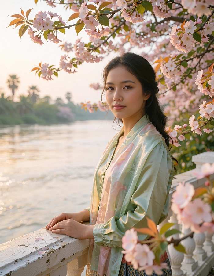 Cambodian woman standing calmly at a riverfront balustrade with soft afternoon light