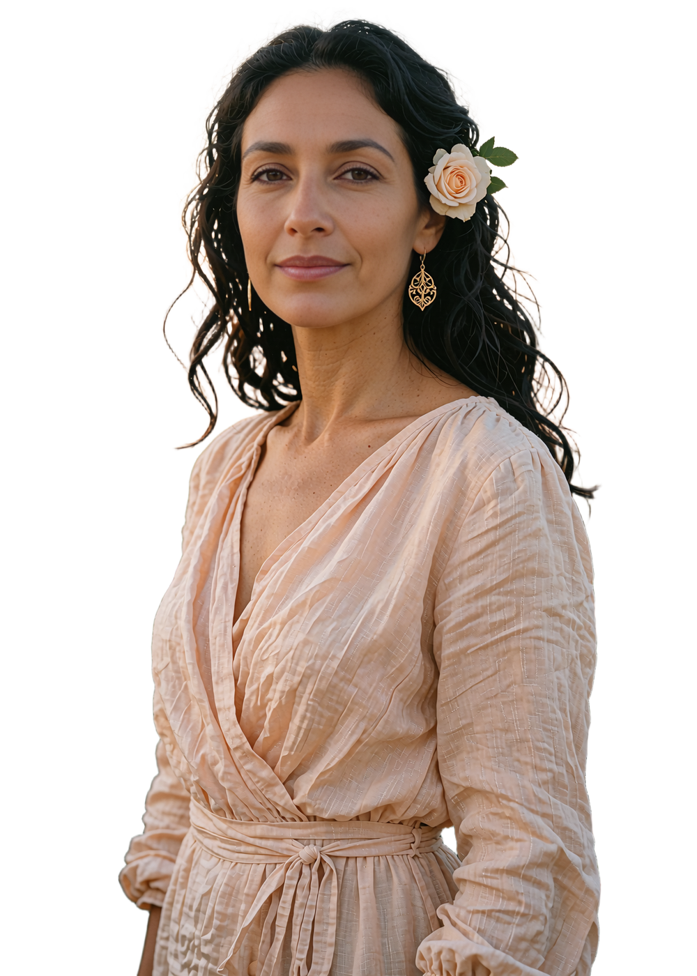 Elegant Armenian woman in a blush linen dress smiling warmly in a golden-hour garden