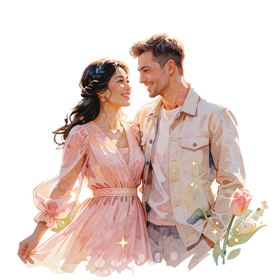 Illustrated portrait of a smiling Kazakh woman in a rose dress standing beside a Western man, framed in a gilded oval vignette