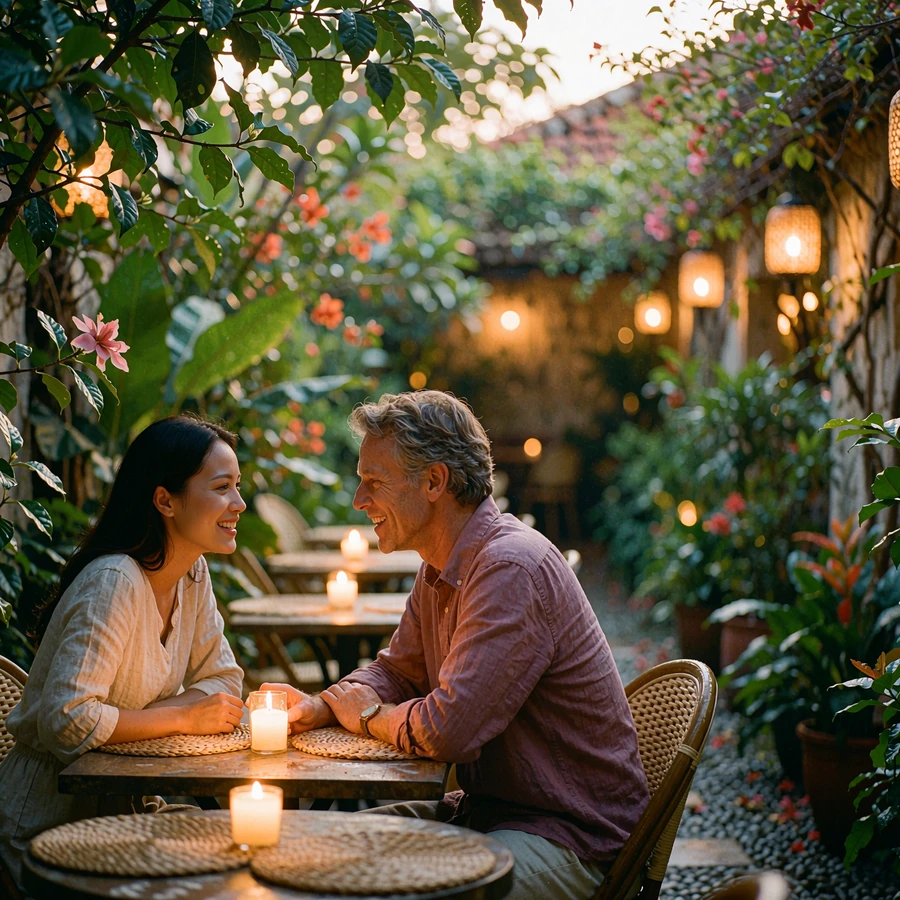 Couple leaning toward each other at a candlelit table in a leafy garden restaurant