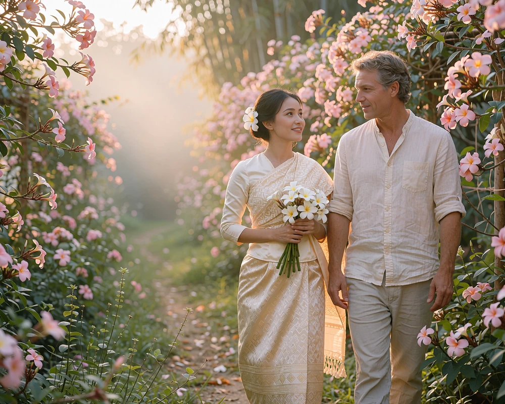 Couple walking together along a flower-lined garden lane, she holding a small bunch of white frangipani blossoms