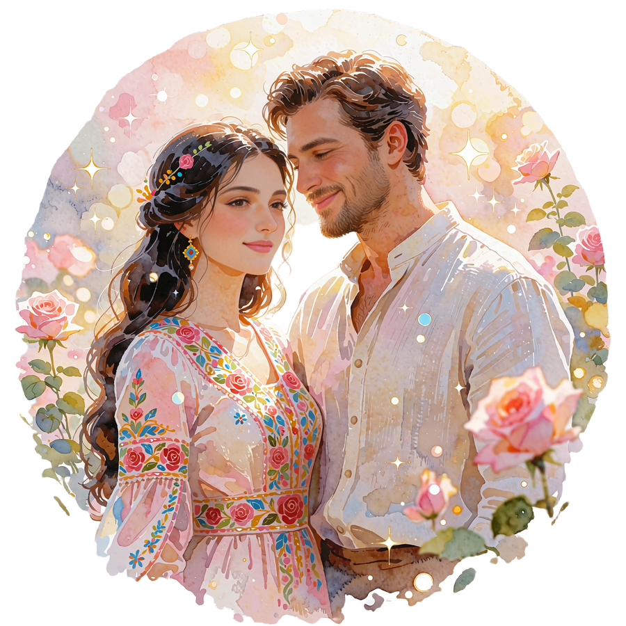 Turkmen woman in a rose embroidered dress standing close beside a smiling Western man, framed in a soft circular vignette