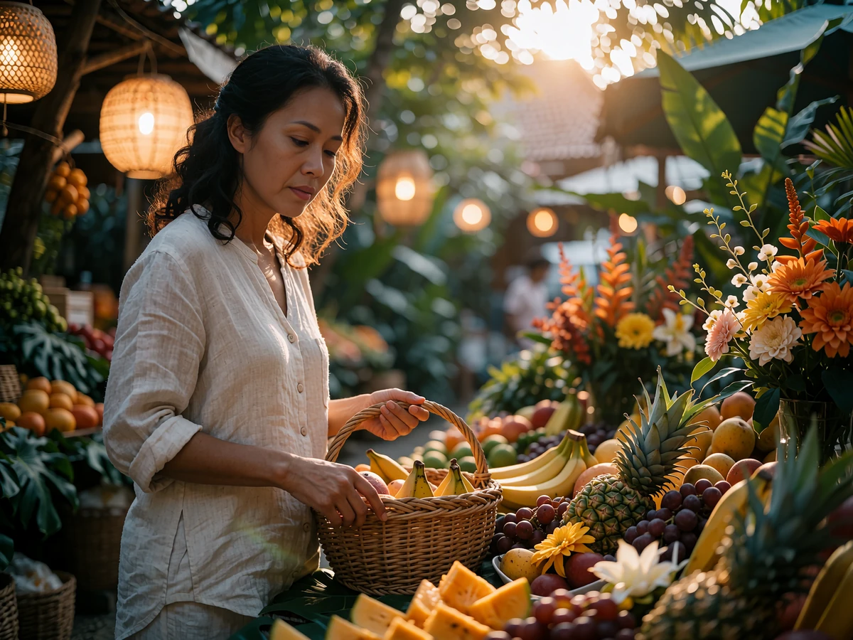 Malaysian woman browsing tropical fruit and flowers at an open-air evening market