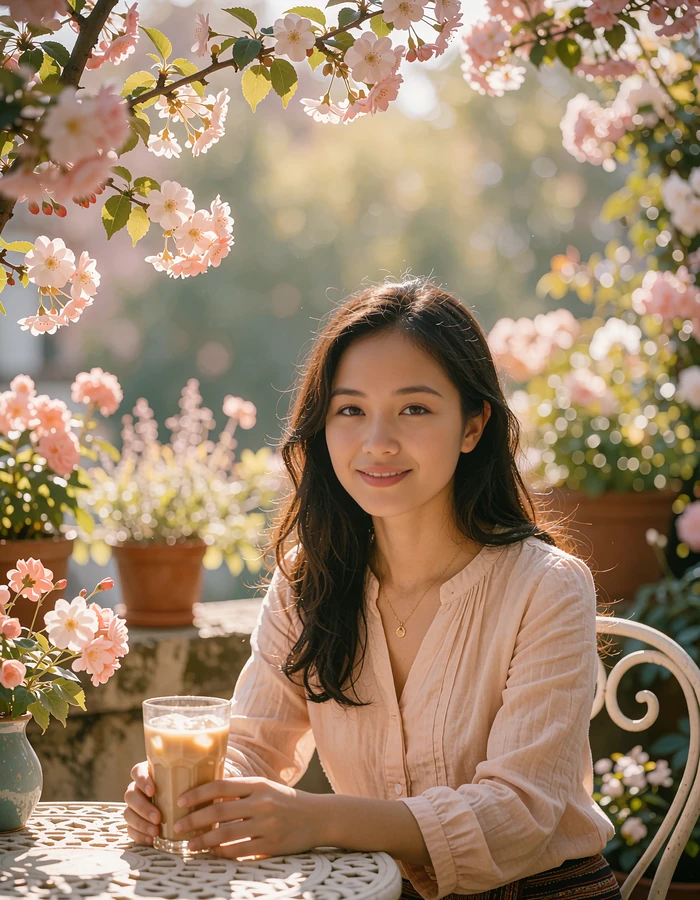 Lao woman in a blush blouse seated at a shaded garden cafe table holding a glass of iced coffee