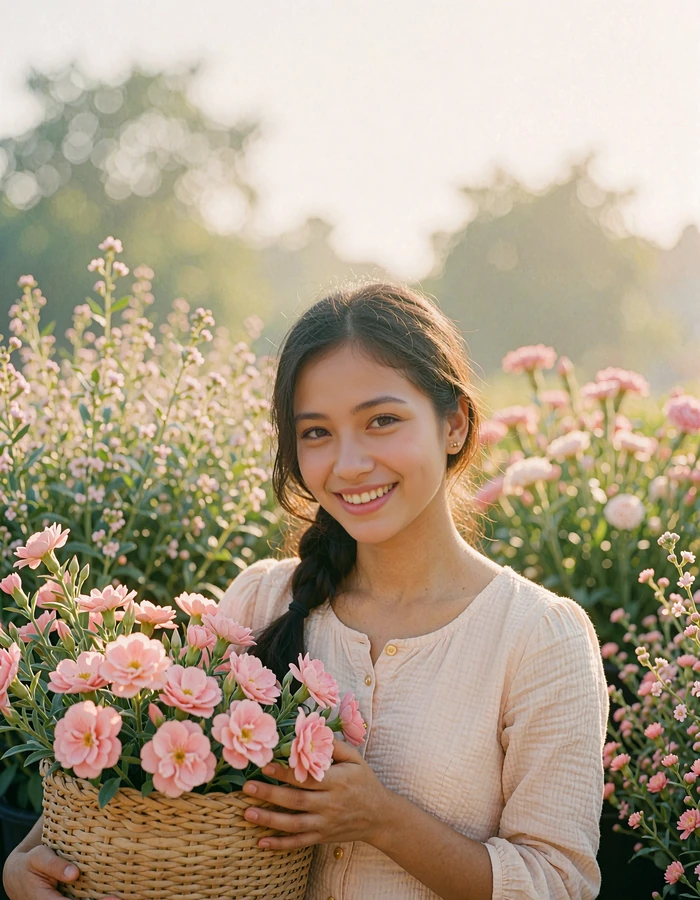 Cambodian woman smiling while holding a woven basket of fresh pink flowers at a shaded market stall